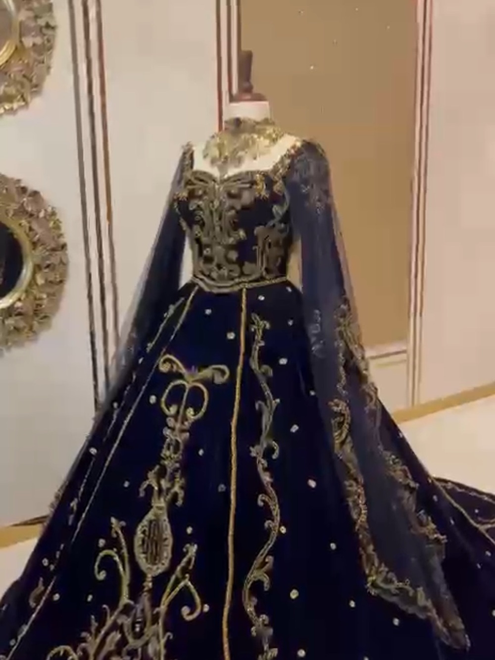 Royal Navy Velvet Wedding Gown with Gold Embroidery